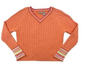 Field Gear Sweater Cable Knit Striped V-Neck Golf Preppy Tennis Women XL Orange
